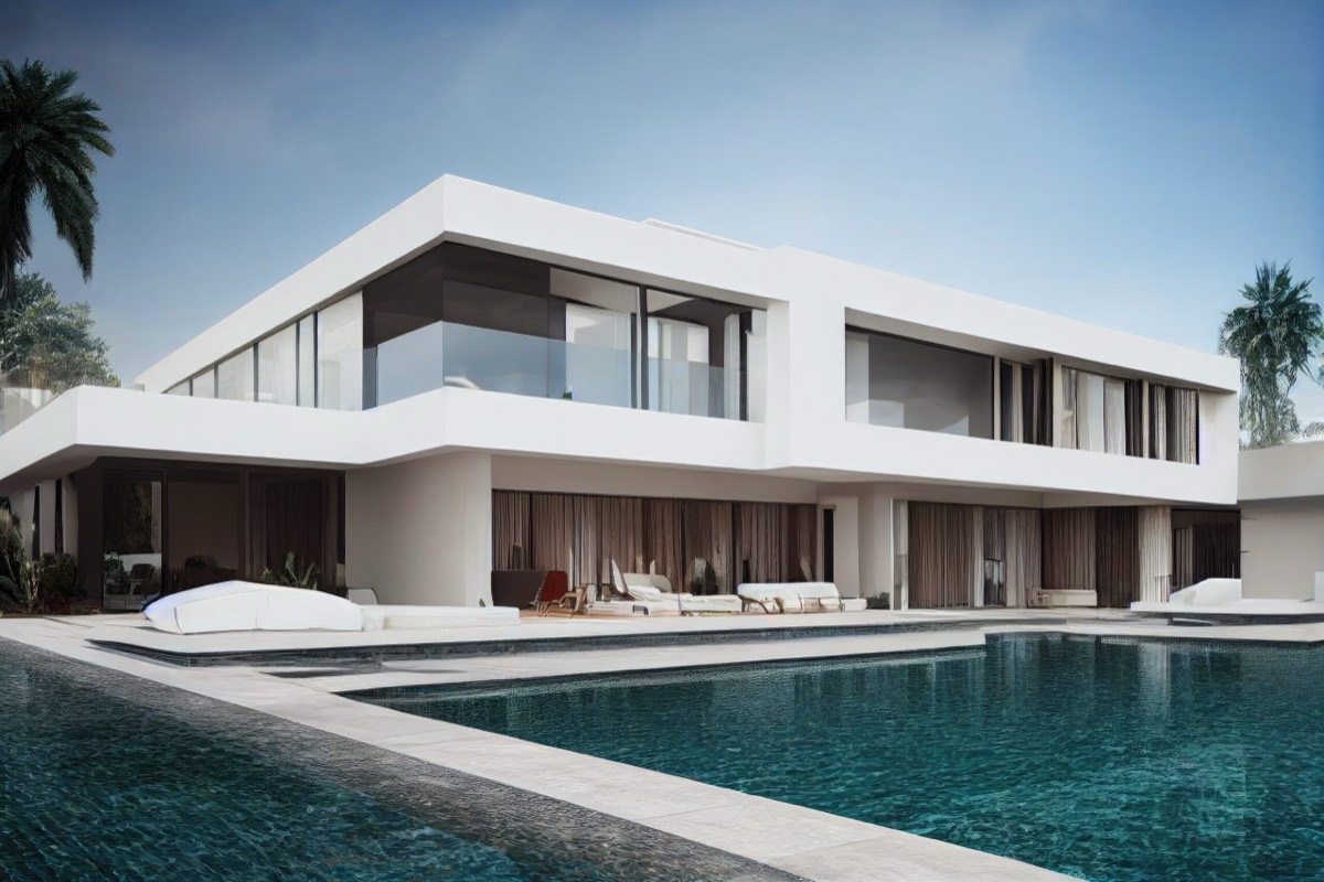 Contemporary luxury villa with a pool at dusk
